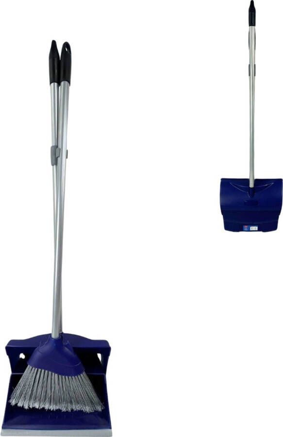 Synx Tools Hotel Stoffer en Blik met lange stelen 95 cm Blauw Kunststof Stoffer Blik set Stoffer en blik sluitend model Schoonmaak artikelen Bezem Veger en blik met lange steel Schoonmaken