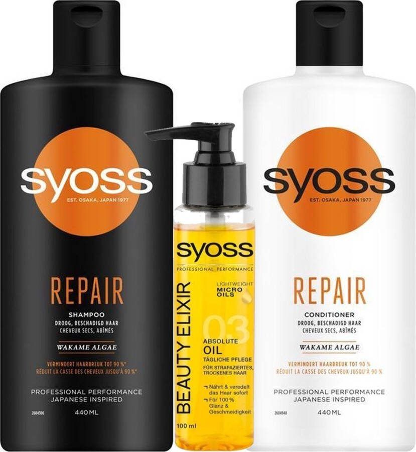 SYOSS repair set : shampoo 440ml conditioner 440 ml en beauty elixer 100ml in een tasje