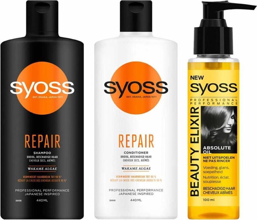 SYOSS Repair Shampoo & Conditioner + Beauty Elixir Absolute Haarolie Pakket