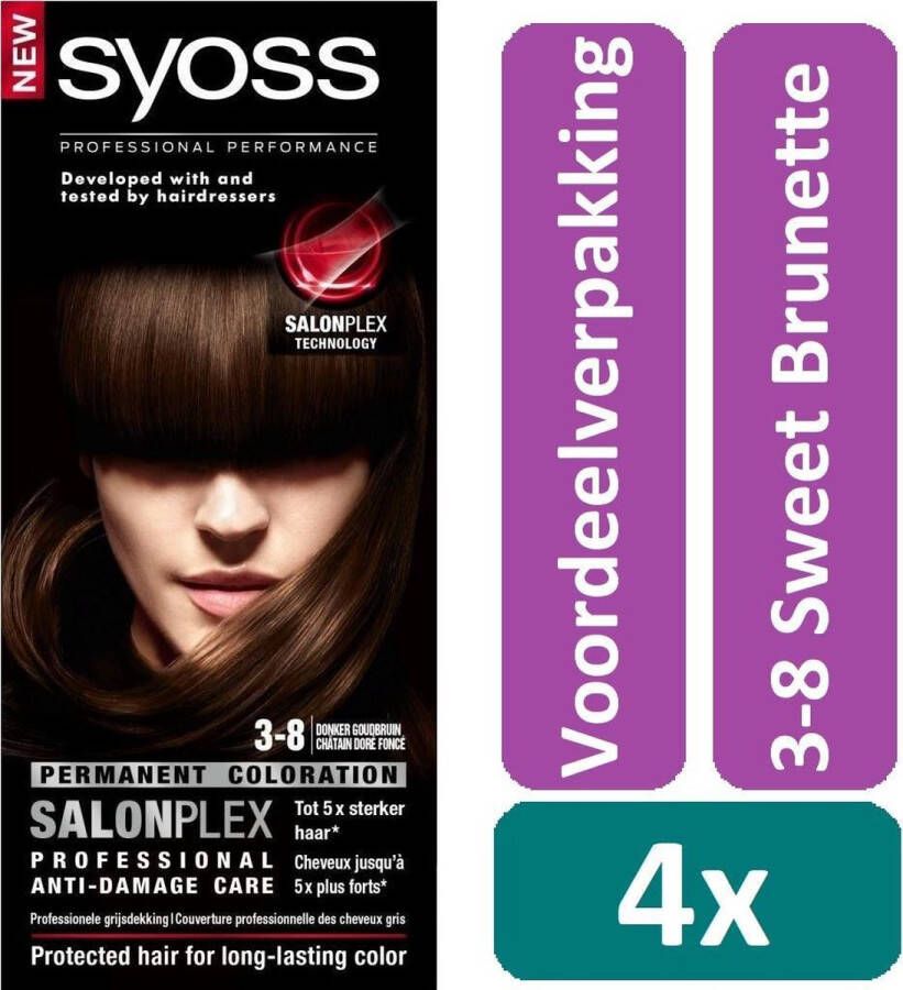 SYOSS Salonplex Permanent Coloration Haarverf 3-8 Donker Goudbruin 4 stuks Voordeelverpakking