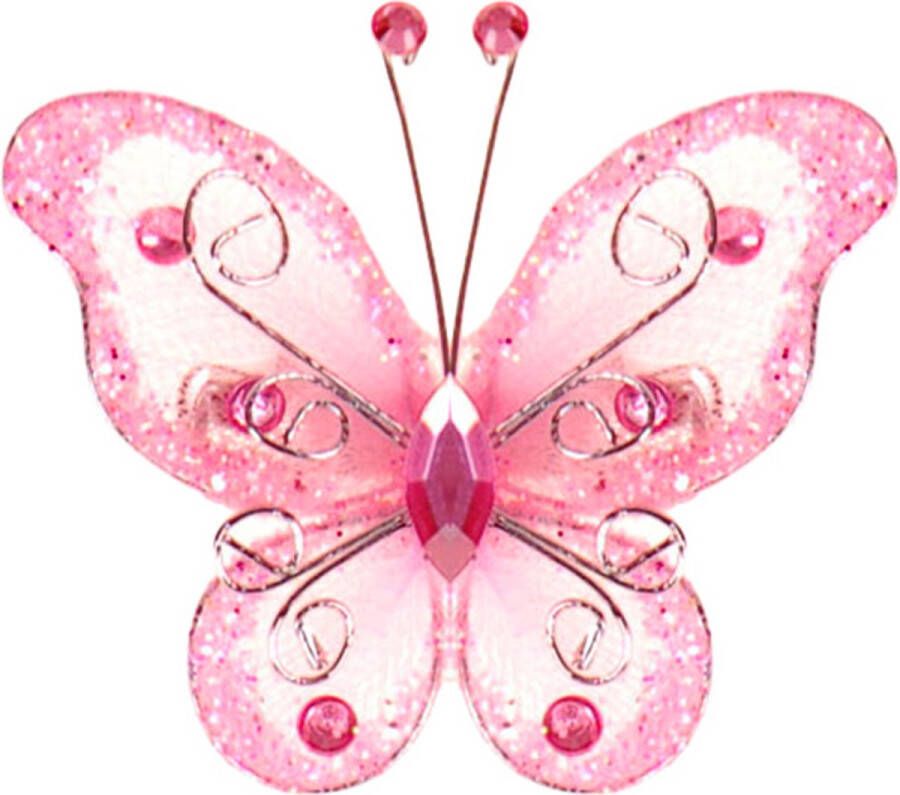 S.Y.W Haarklemmetje Vlinder Roze met Organza Steentjes en Glitters 6x5cm