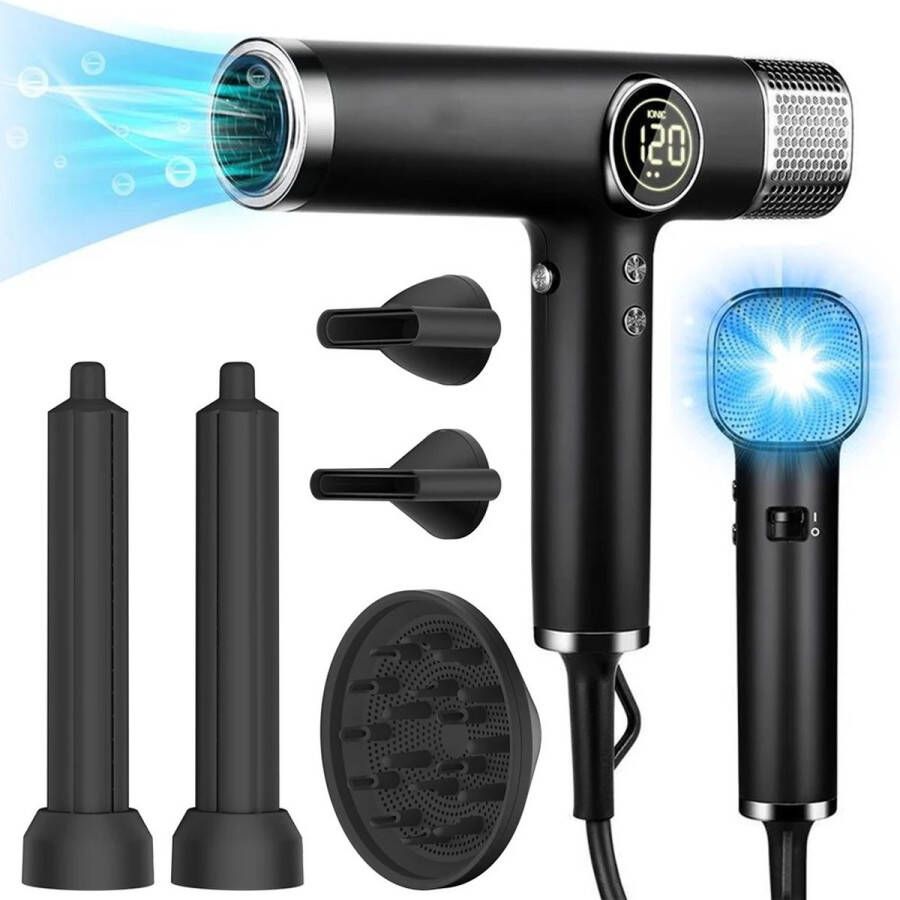 T&L Store Föhn 110000 RPM 1600W Temperatuurregeling Diffuser Thermostaat Warme en Koude Lucht Infrarood Zwart