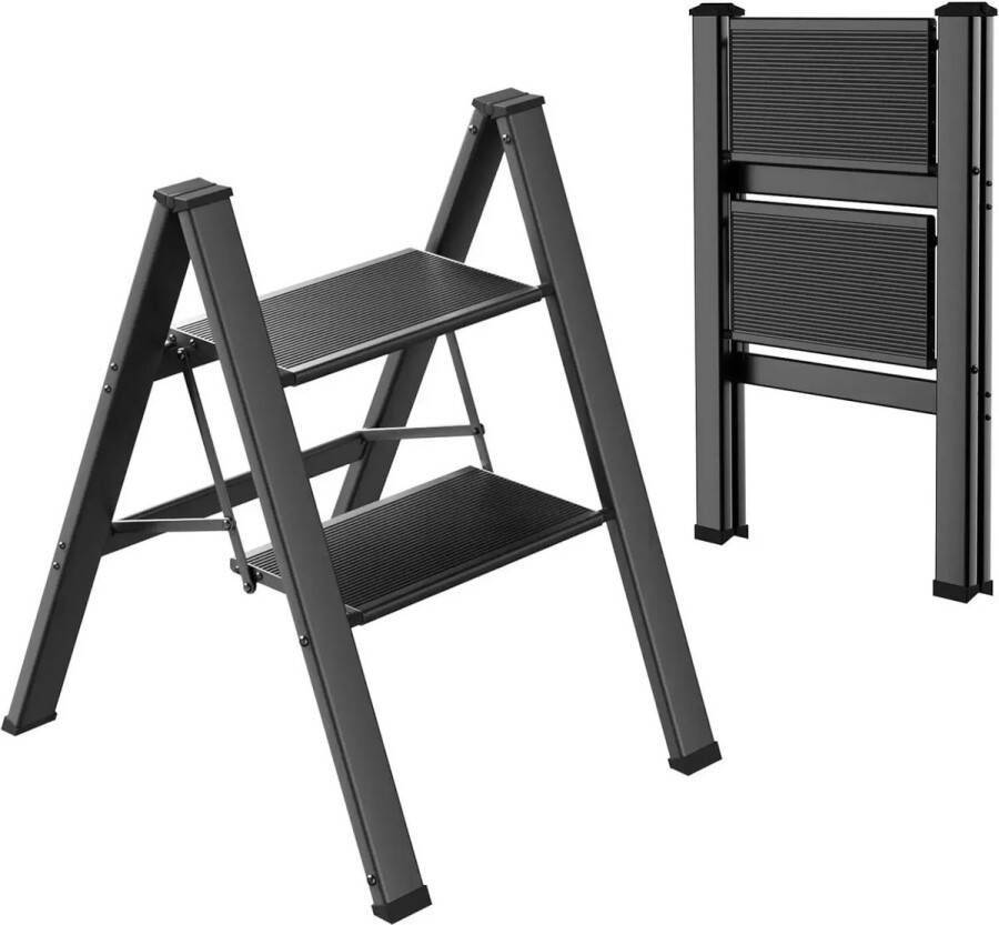 T&L Store Ladder Huishoudtrap Trapladder 2 Treden Inklapbaar Lichtgewicht Zwart Antislip Max 150kg belasting