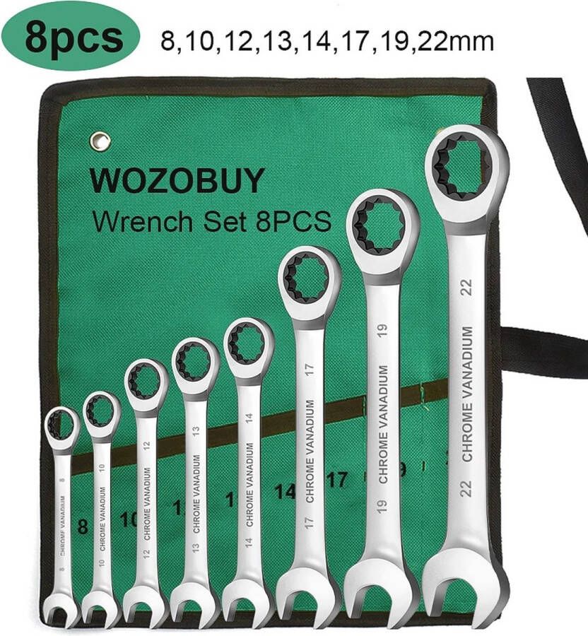 T&L Store Ratelsleutelset Ratelset Ringsleutelset Chroom Vanadium Staal 8-10-12-13-14-17-19-22mm Bijbehorende Opbergzak