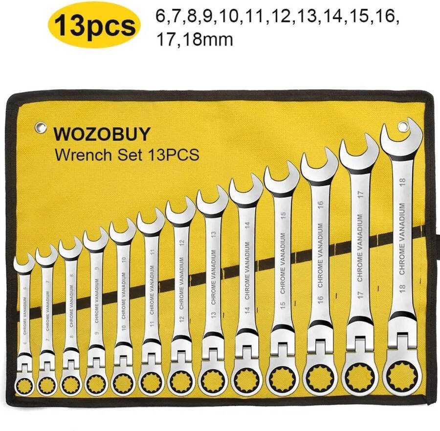T&L Store Ratelsleutelset Ratelset Ringsleutelset Chroom Vanadium Staal Flex Kop 6-7-8-9-10-11-12-13-14-15-16-17-18mm Bijbehorende Opbergzak