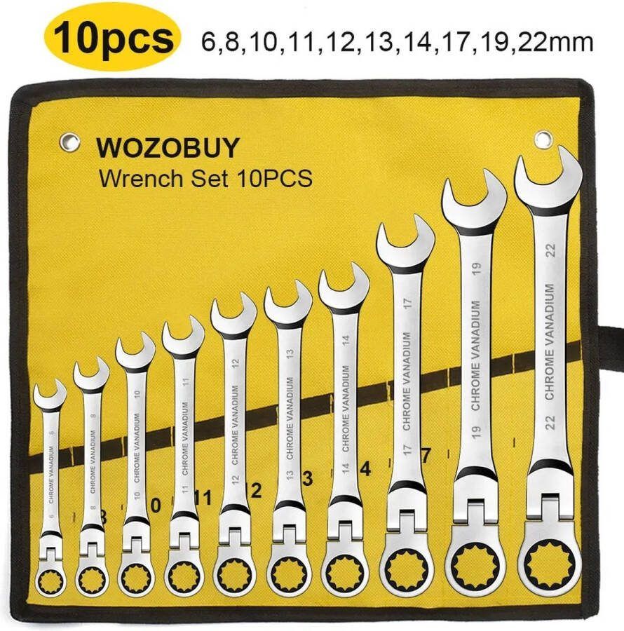 T&L Store Ratelsleutelset Ratelset Ringsleutelset Chroom Vanadium Staal Flex Kop 6-8-10-11-12-13-14-17-19-22mm Bijbehorende Opbergzak