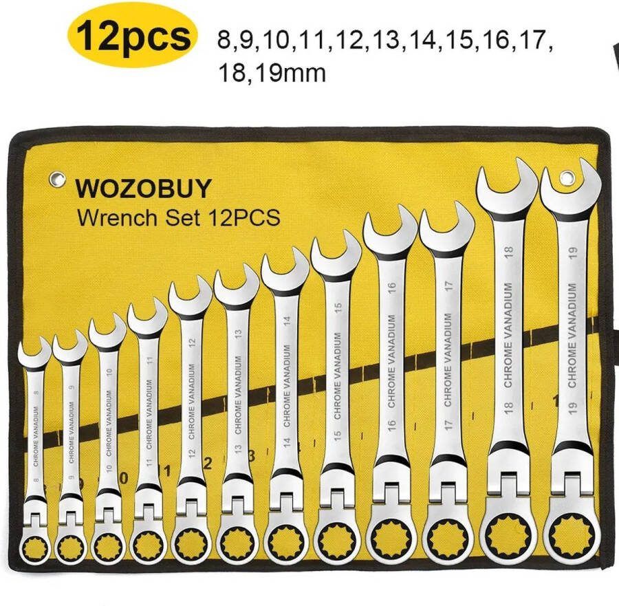 T&L Store Ratelsleutelset Ratelset Ringsleutelset Chroom Vanadium Staal Flex Kop 8-9-10-11-12-13-14-15-16-17-18-19mm Bijbehorende Opbergzak