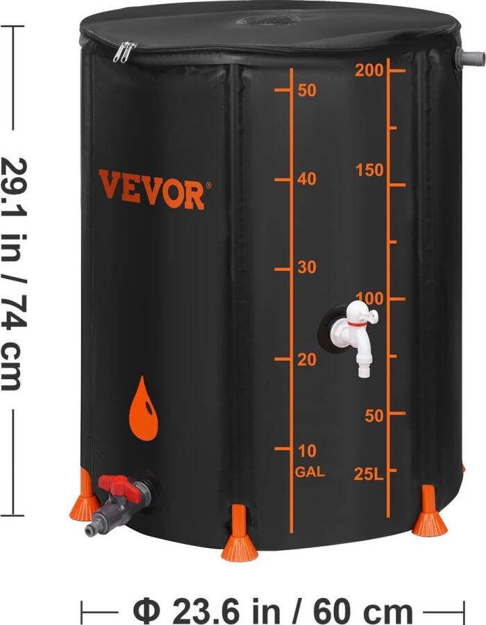T&L Store Regenton Regenwater Opvang Regenwatertank Opvouwbare Wateropvangbak Tank met Tap en Overloop Zwart 200L 60x74cm