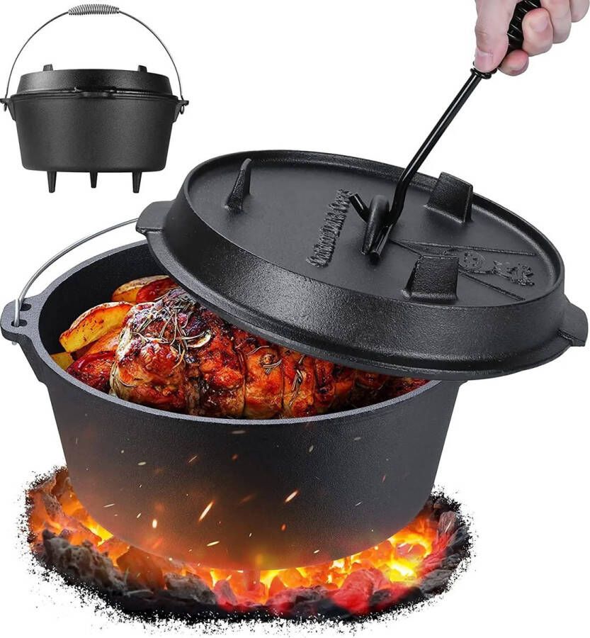 T&L Store Dutch Oven Gietijzer BBQ Vuurpot Outdoor Kamperen 2 in 1 Gebruiksgemak Ondersteunende Voeten Zwart 4L