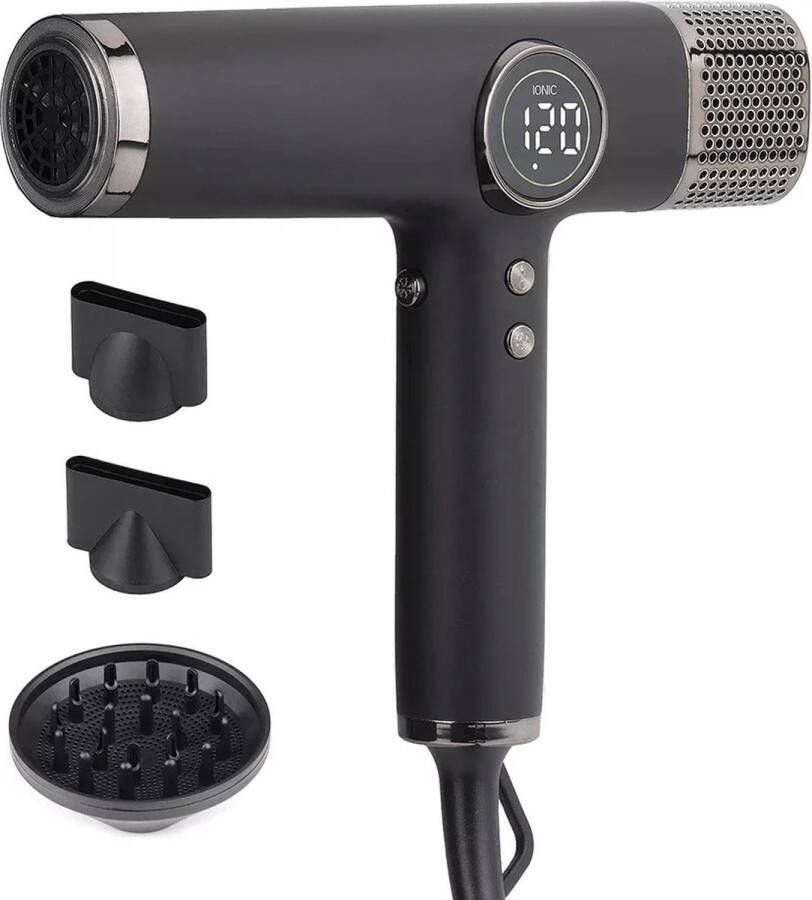 T&L Store Föhn 110000 RPM 1600W Temperatuurregeling Diffuser Thermostaat Warme en Koude Lucht Infrarood Zwart