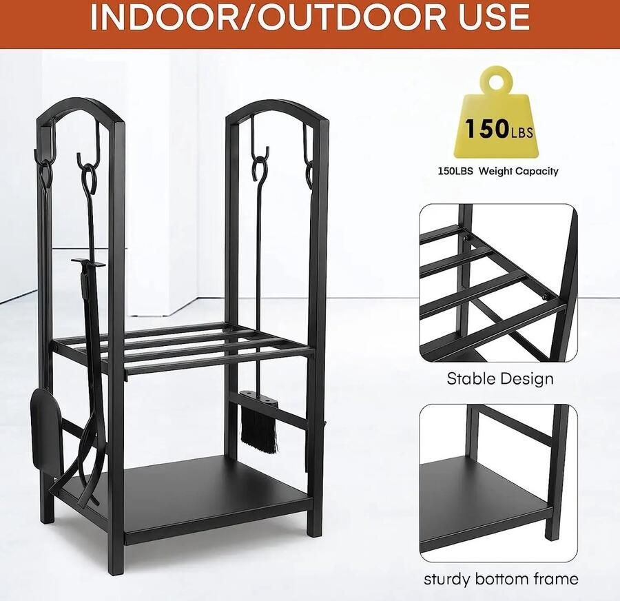 T&L Store Houtopslag Brandhoutrek Incl. Open Haard Gereedschap 50kg Draagkracht Makkelijk te Installeren Open Haard Haardhout 75x40x30cm
