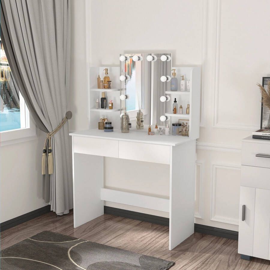T&L Store Kaptafel met spiegel Kaptafel met verlichting Make-up tafel Make-up tafel met spiegel Wit 90x40x125cm