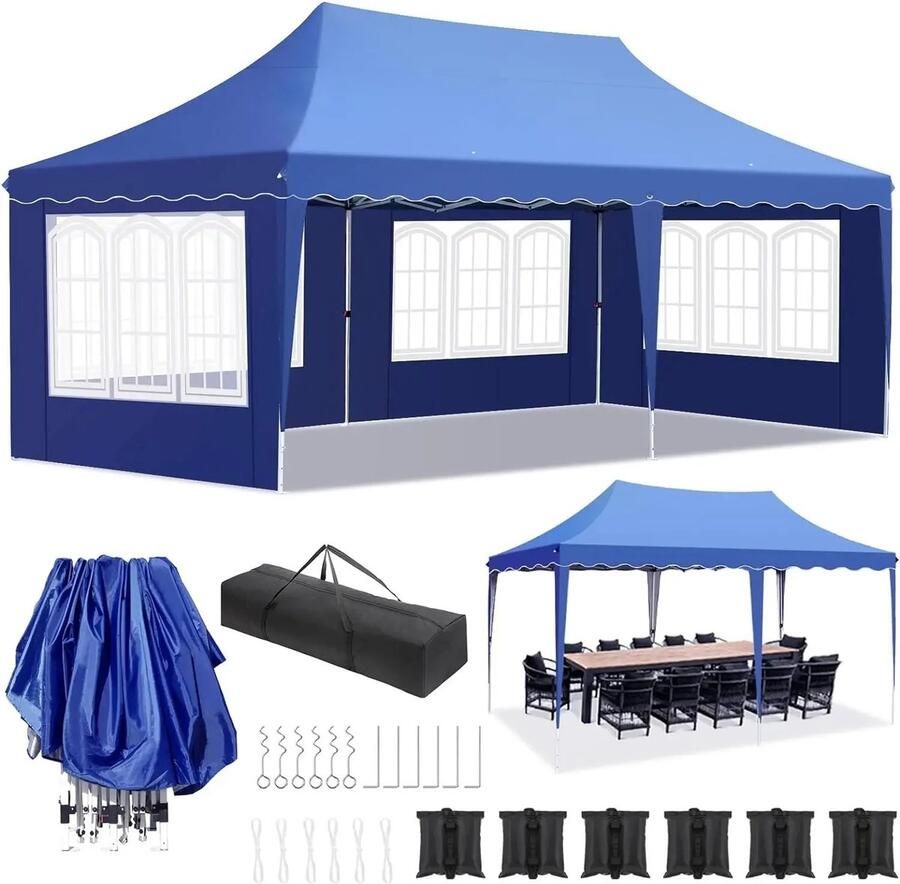T&L Store Partytent Paviljoen Prieel Waterdicht In Hoogte Verstelbaar Opvouwbaar HDPE zeilmateriaal Blauw 3x6m