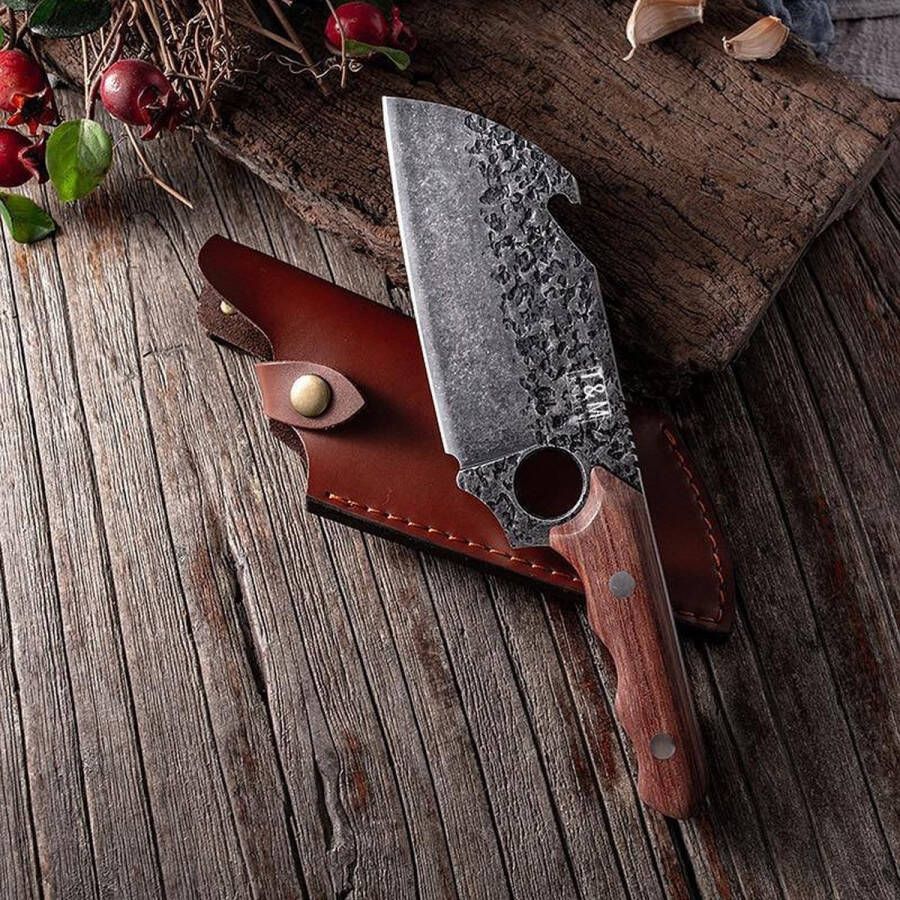T&M Knives Gehamerd Koksmes Met Opener Professioneel En Vlijmscherp BBQ Mes
