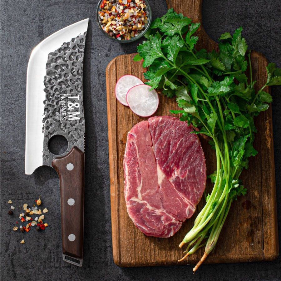 T&M Knives Hakmes Gehamerd Met Lasergat Keukenmes Vleesmes Vlijmscherp Lederen Hoes en Luxe Giftbox