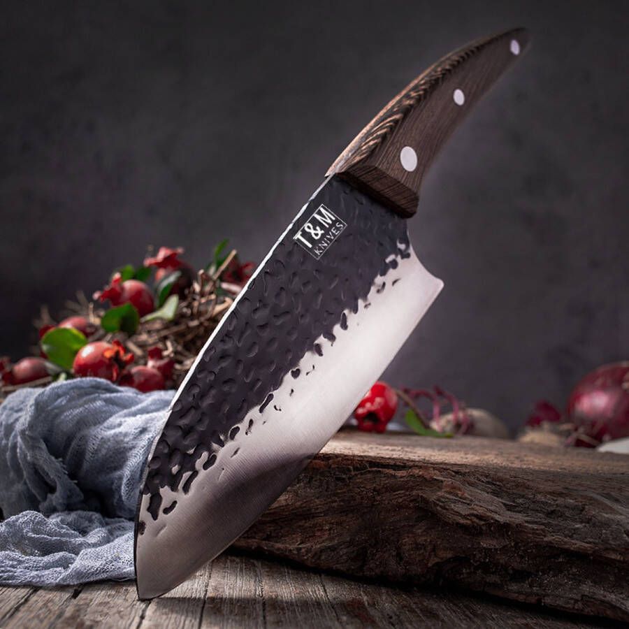 T&M Knives Hakmes Viggos Premium Prachtig Koksmes Van Gehamerd Staal 32cm Japans Slagersmes Inclusief Cadeaubox