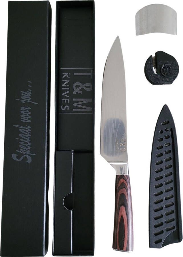 T&M Knives Japans Keukenmes Pakkas XL Prachtig Japans Koksmes Van Gehamerd Staal Vingerbeschermer en Messenslijper en Cadeaubox