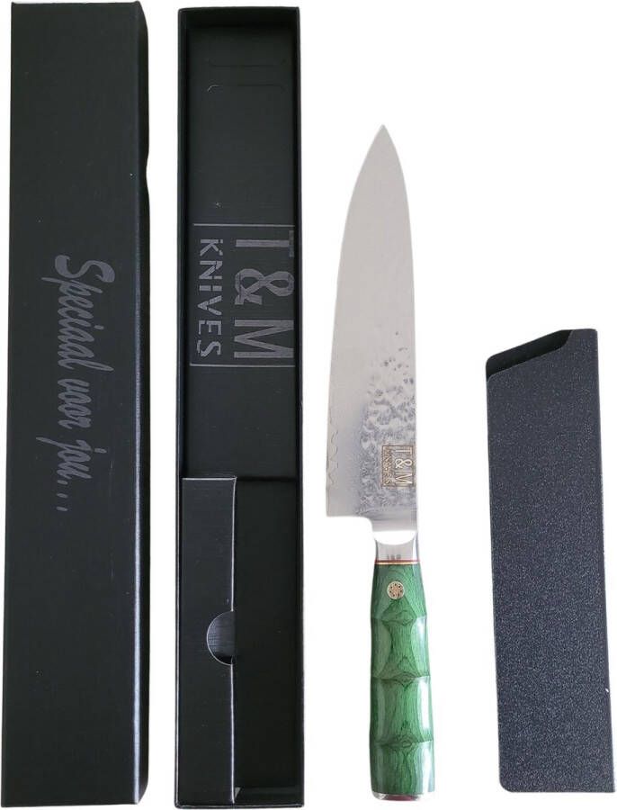 T&M Knives Koksmes Damascus Staal Deluxe Japans Kiritsuke Hakmes Emerald Inclusief Giftbox Met Premium Beschermcover