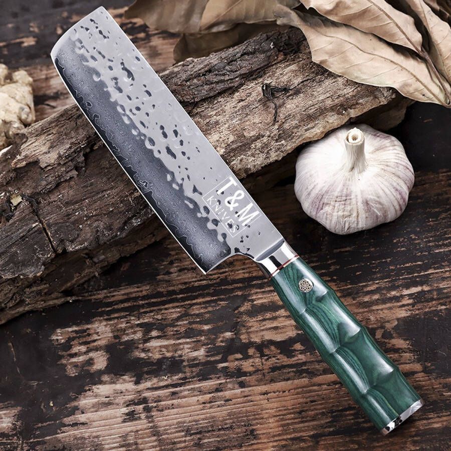 T&M Knives Santokumes Koksmes Damascus Staal Japans Nikiri Hakmes Emerald Incl. Giftbox Met Premium Beschermcover