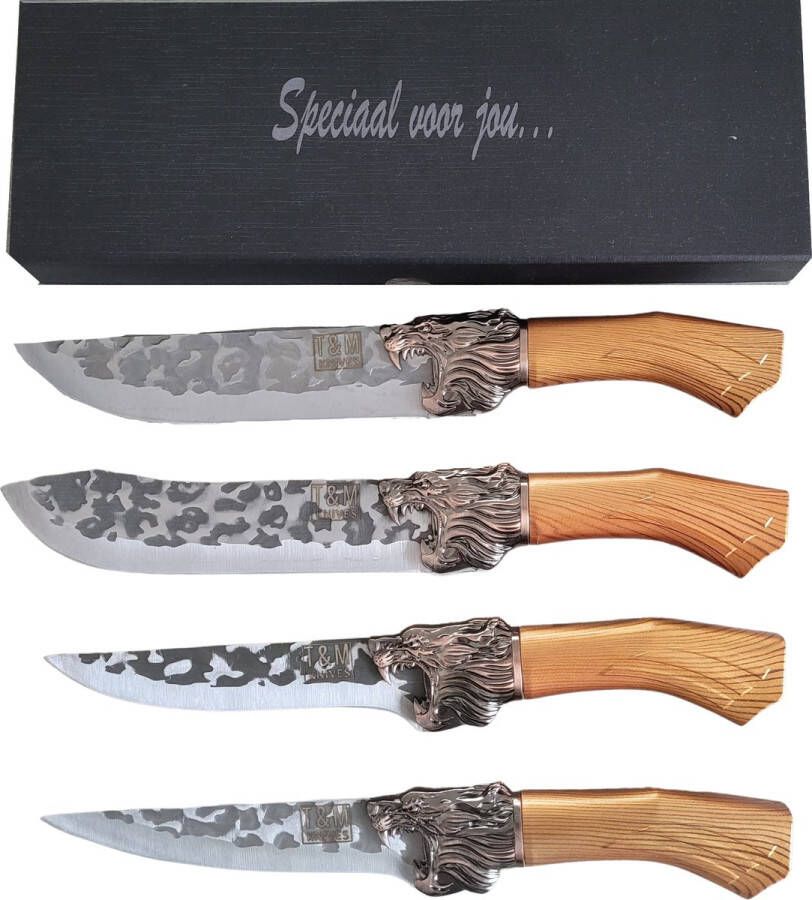 T&M Knives Messenset Professioneel 4-delig Japanse Koksmessen Prachtige Keukenmessen Koksmes En Hakmes Messen Set- Cadeaubox