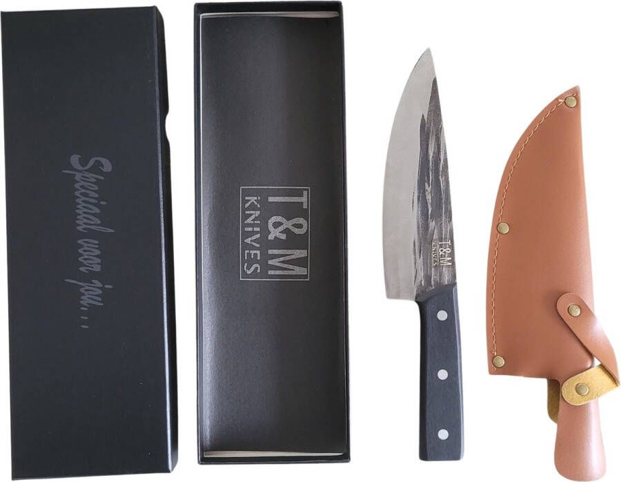 T&M Knives Premium Koksmes Torgnys 30cm Keukenmes Geschaafd En Gehamerd Staal Inclusief Cadeaubox en Beschermhoes