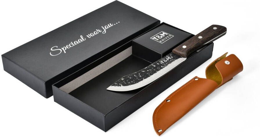 T&M Knives Vleesmes Gehamerd Barbecue Mes Voor Vlees En Groenten Incl. Cover en Cadeaubox