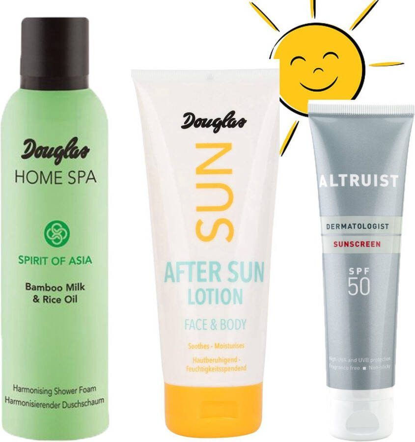 T g l Zonnebrand tube factor 50 100 ml van Altruist en after sun lotion van Douglas. Nu met gratis Home spa Shower foam van Douglas