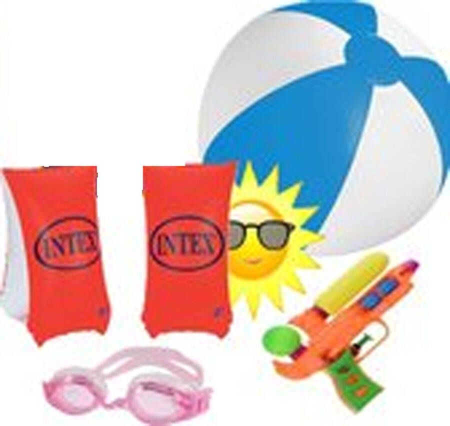 Intex Vakantie camping reis speel pakket waterpistool duikbril roze meisje strandbal zwembandjes