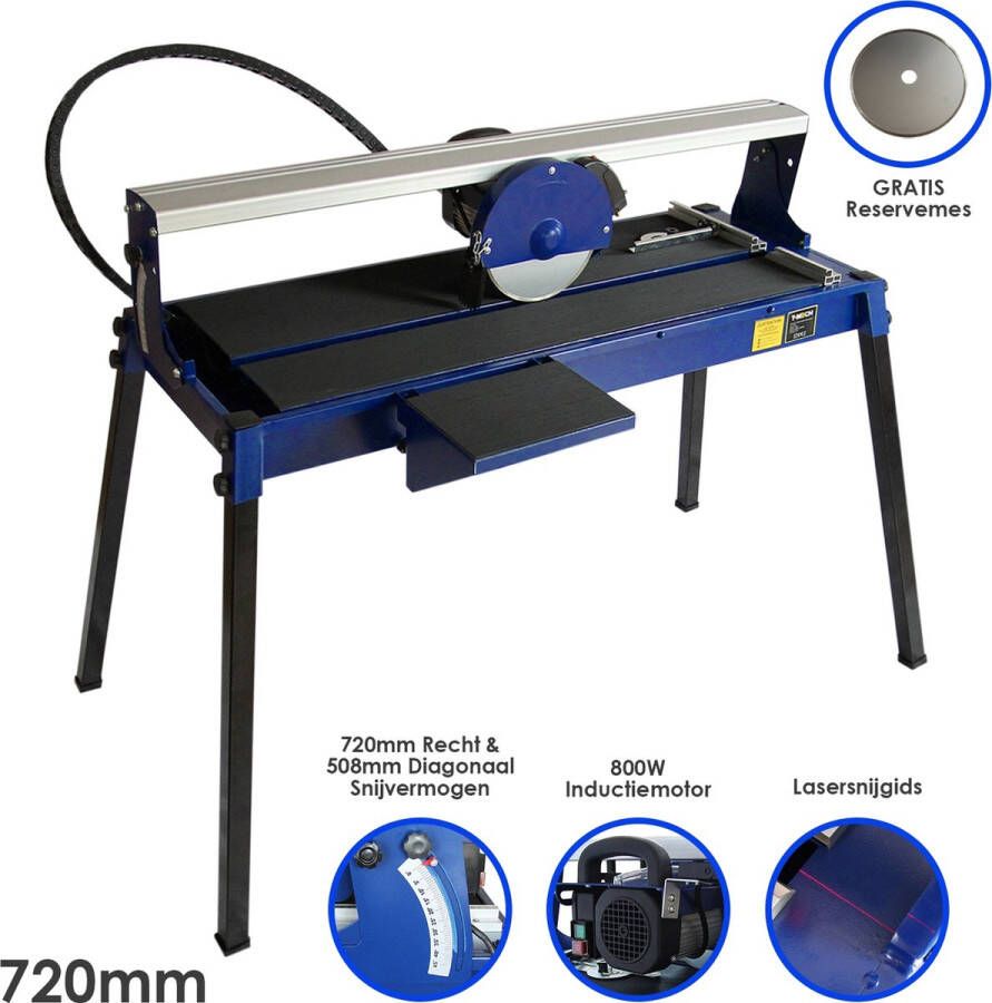 T-Mech Tegelzaagmachine Tafel 720 mm Snijlengte Snijhoek: 0-45° Nat Waterkoeling + Lasergeleiders Inclusief Extra Diamantzaagblag 800W