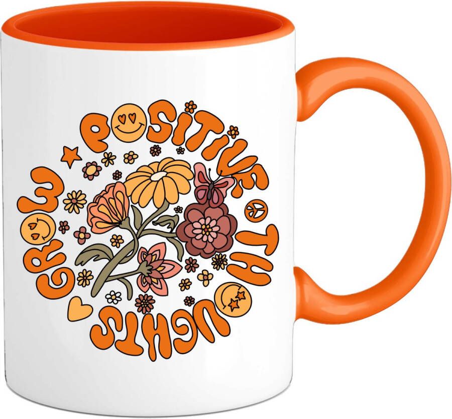 T-SHIRT KNALLER Flower Power Grow Positive Thoughts Vintage Aesthetic Mok Oranje
