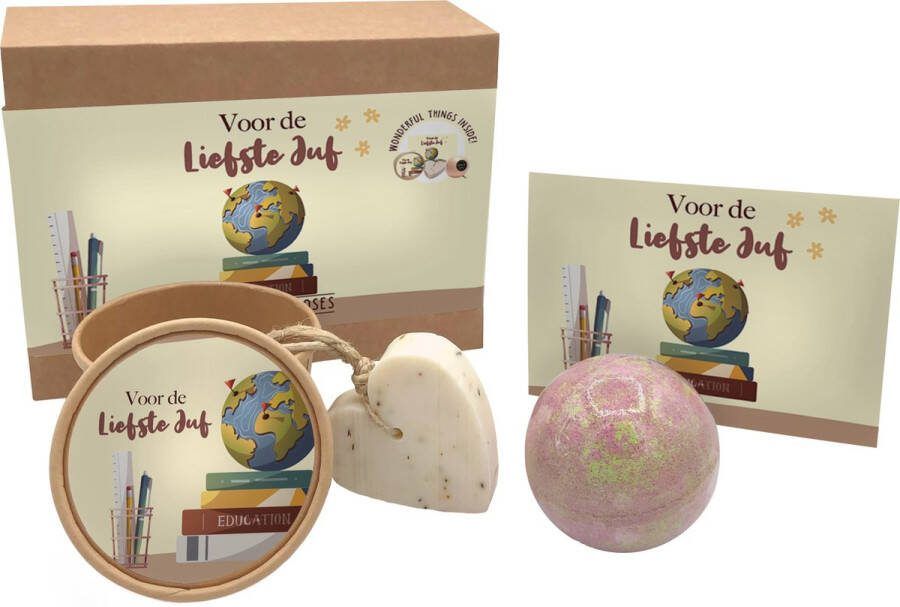 T-Traders Geschenkset Zeep Bruisbal Kaartje Bedankt Juf Voor de liefste juf Einde schooljaar