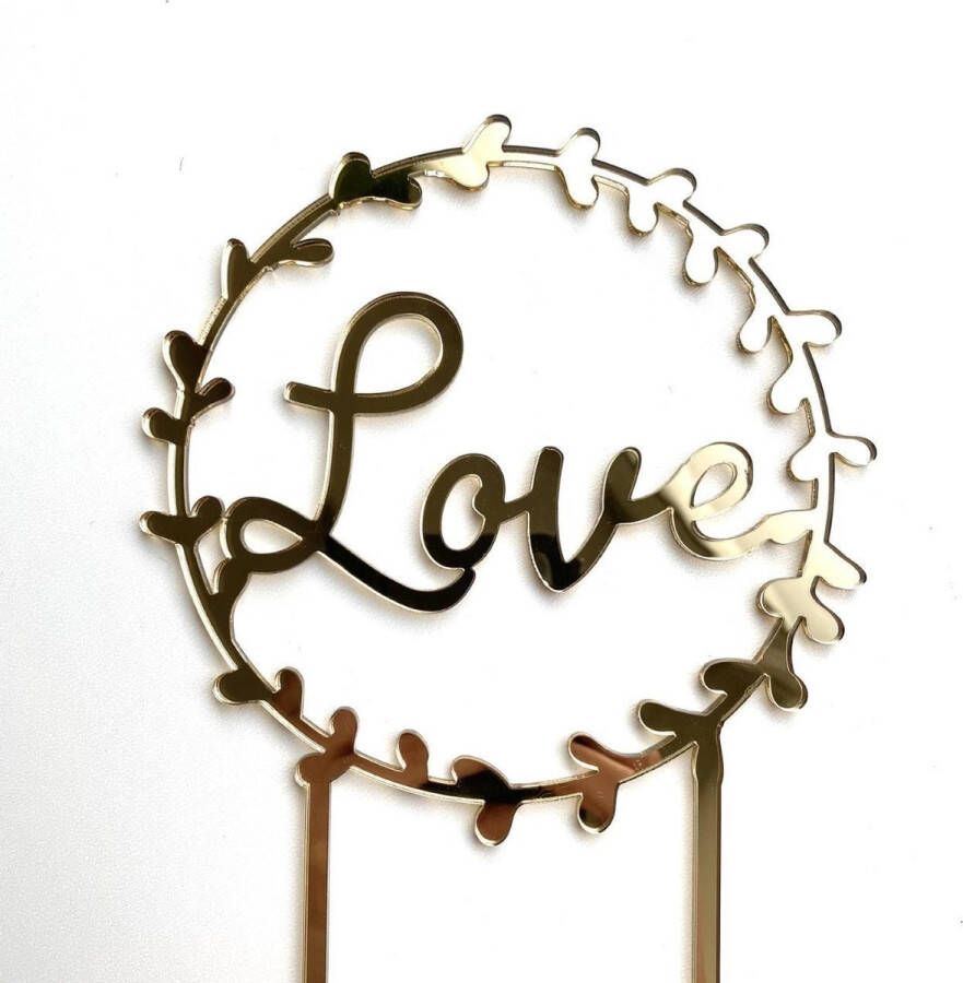 Taarten en Geschenken Cake topper Taartdecoratie| Taart topper| Huwelijk Bruidstaart| eigen tekst| krans| goud| hxb 12x12 cm excl stokjes