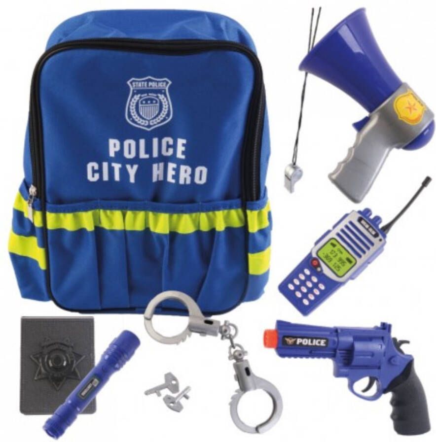 Tachan Politie Rugzak met Inhoud Speelgoed Politie Met Megafoor en Zaklamp Inclusief Batterijen