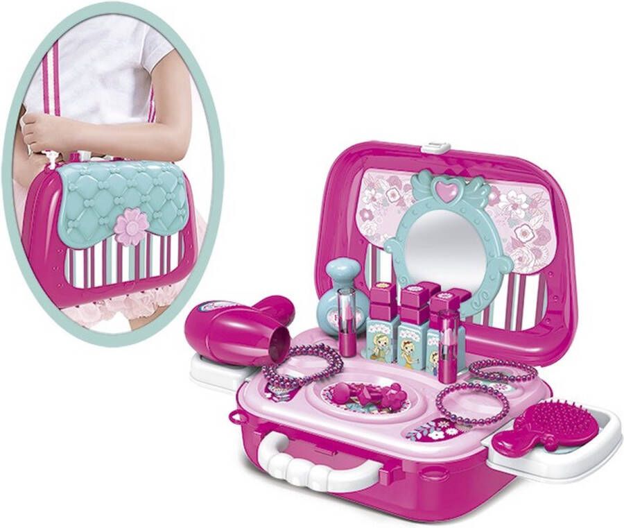 Tachan Speelgoed Beautycase voor Kinderen Draagbare Kaptafel met Accessoires Roze