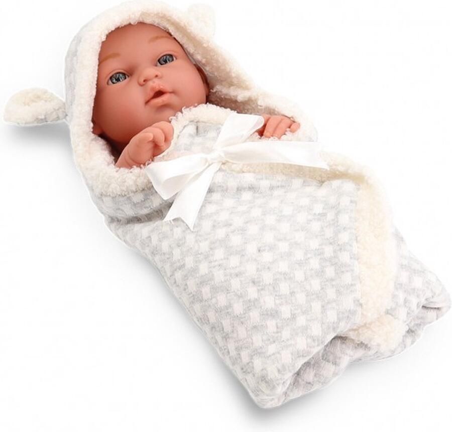 Tachan Babypop de Luxe 30 cm Grijs Met Inbakendoek Swaddle Baby Pop In Mooie Giftbox
