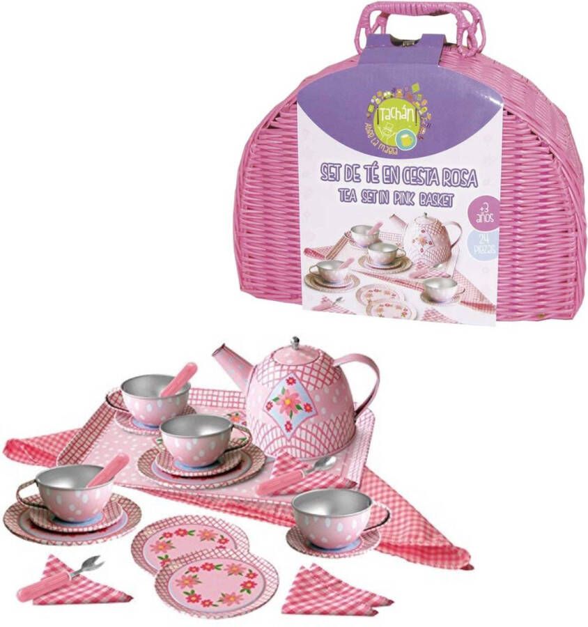 Tachan Theeservies voor Kinderen in Roze Picknickmand Metaal 24-Delig Compleet Speelgoedtheeservies in Picknick Koffer