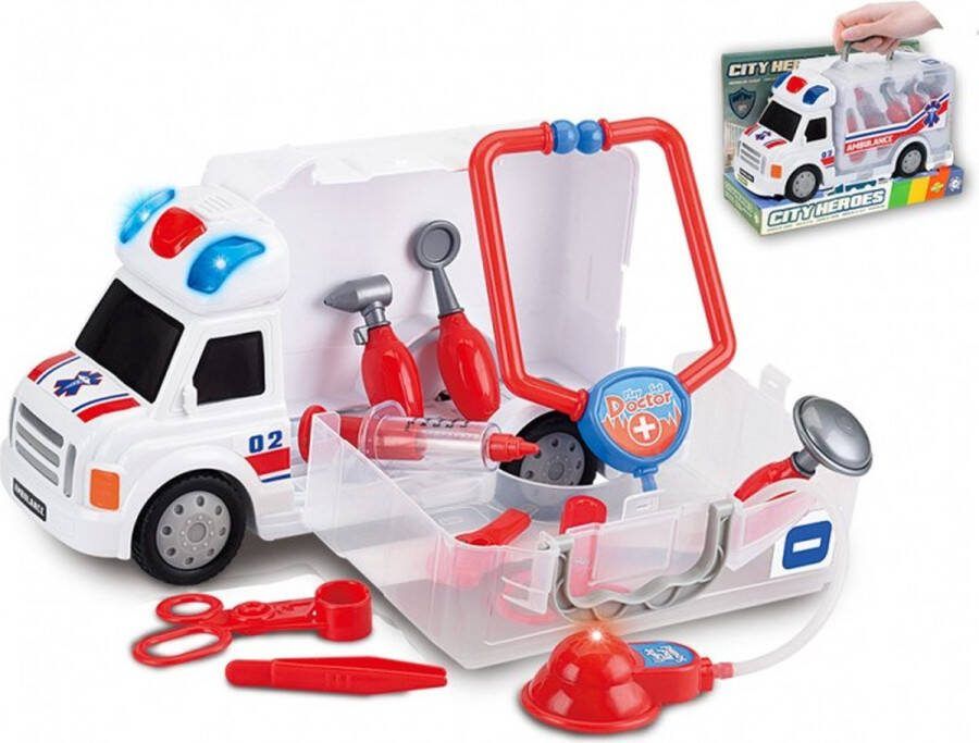 Tachan Ziekenwagen en Dokterskoffer 2 in 1 Speelgoedauto met Doktersspullen Speelgoed Ambulance met Licht en Geluid 10-Delig Inclusief Batterijen