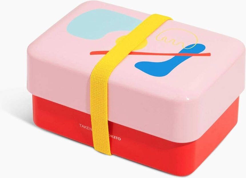 TAKENAKA POKETO Bento Nibble Box Pink x Red Cherry met Gele band milieuvriendelijke lunchbox gemaakt in Japan BPA- & rietvrij 100% recyclebaar plastic flesgebruik magnetron- en vaatwasmachinebestendig Bentobox rechthoekig W16.5xD10.95xH9.65cm 900ml