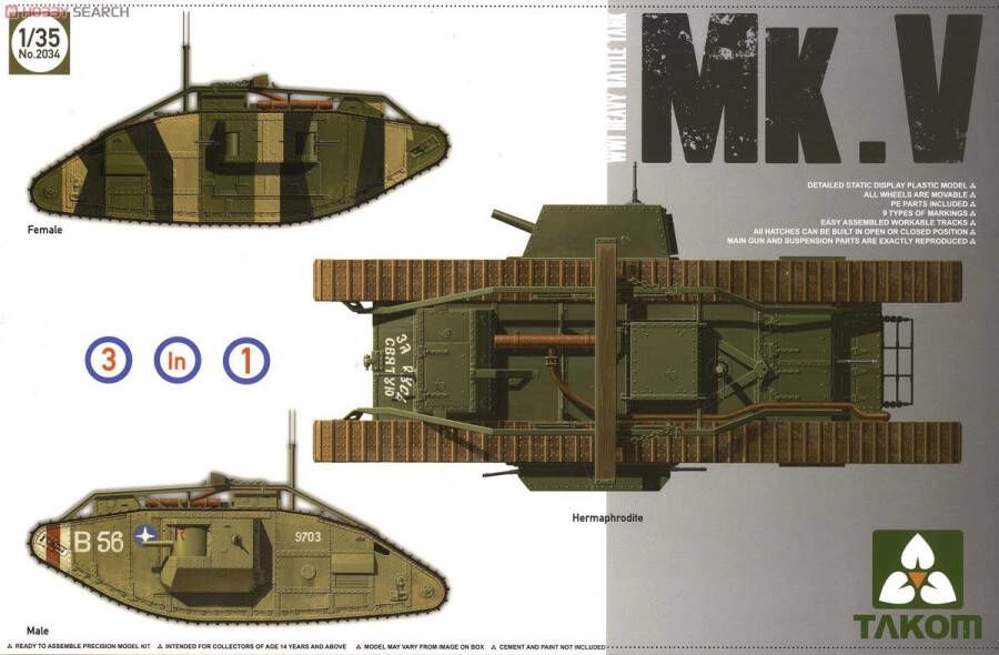 Takom en meer TAKOM WWI Heavy Battle Tank Mk V [3 in 1] Male Hermaphrodite Female + Ammo by Mig lijm