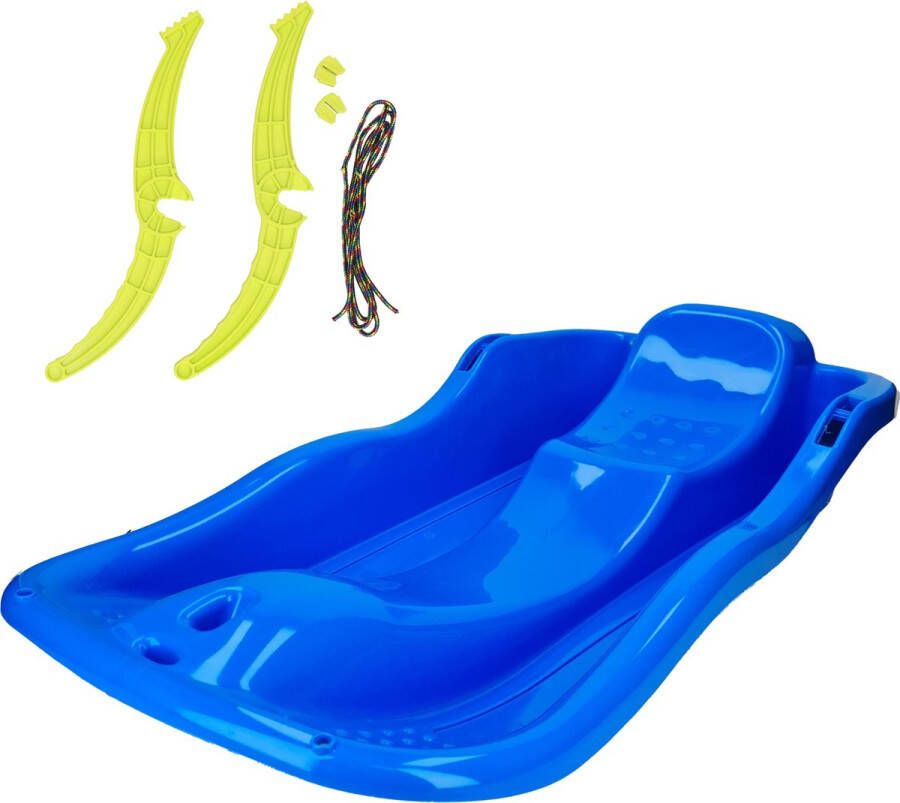 Talen Tools Kunststof sneeuw slee met rem en trekkoord voor kinderen 83 cm blauw sleeen