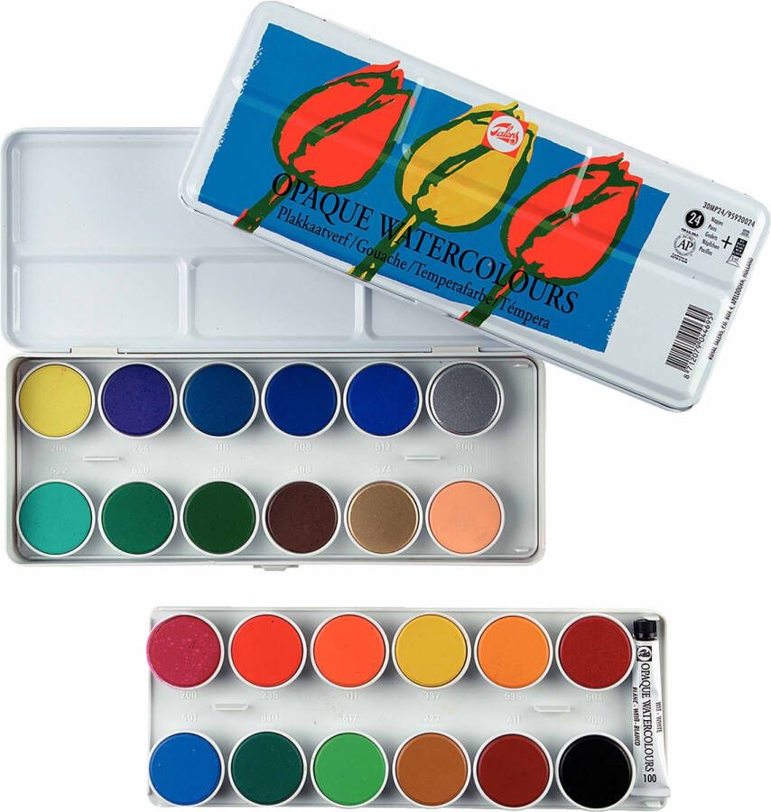 Talens Gouache set 24 kleuren napjes plakkaatverf met mengwit tube dekkende waterverf tempera