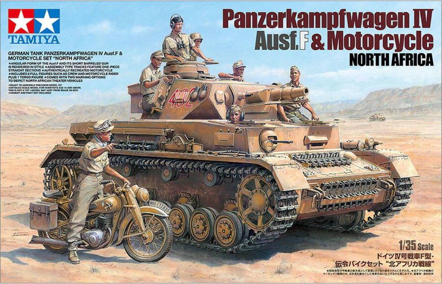 Tamiya 1:35 25208 Panzerkampfwagen IV Ausf F & Motorcycle North Africa Plastic Modelbouwpakket