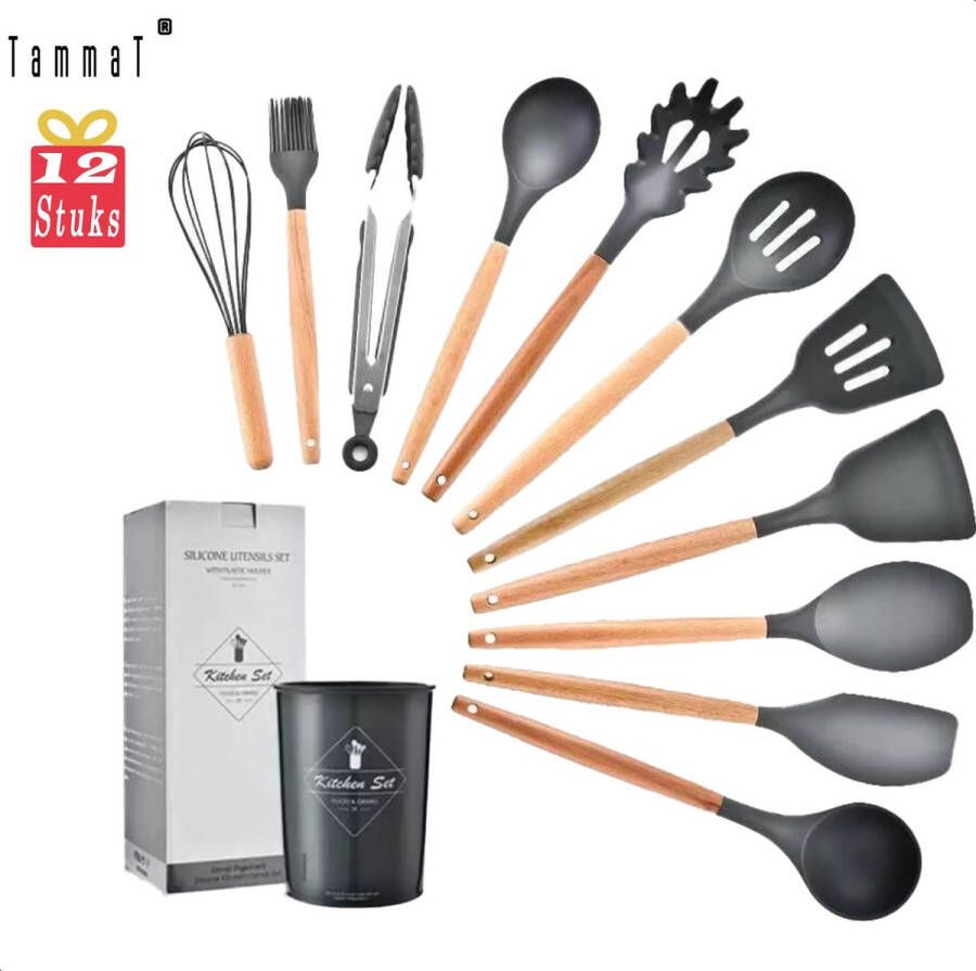 TammaT Keukengerei set 12 Delig Met Houder Keukengerei houder set Hout handvatten Silicone kop Kookgerei met lepel houder Keuken organizers keukenaccessoires