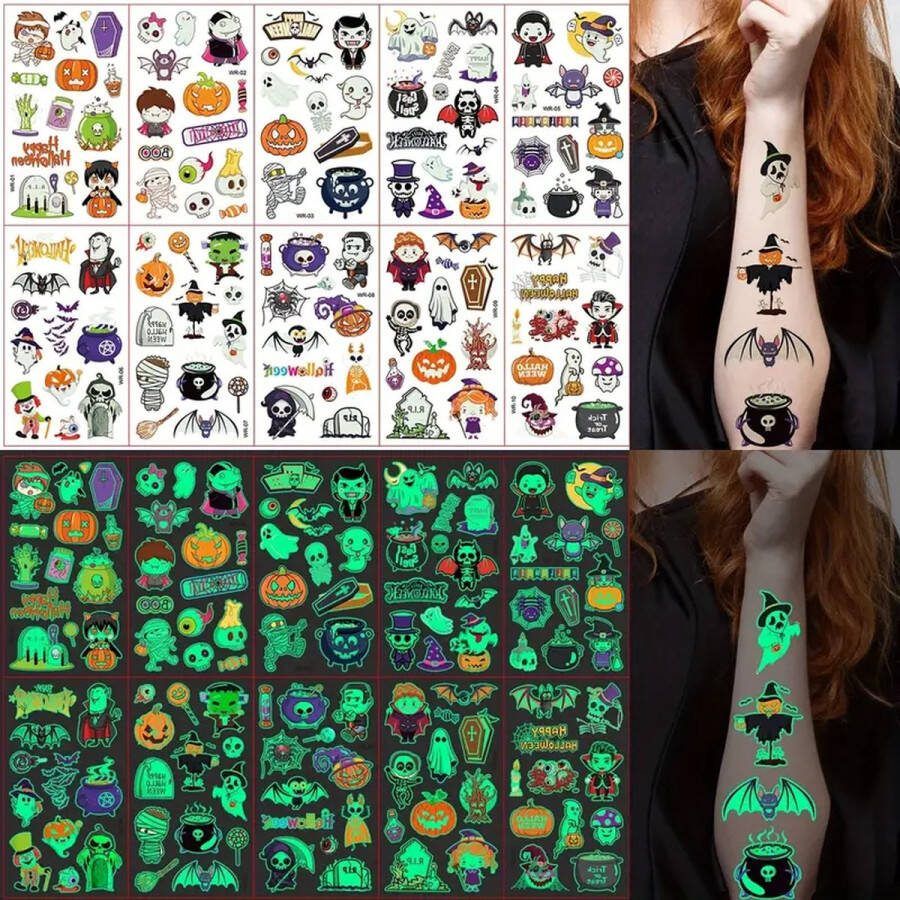 Tantuo Tattoo 125-delige Halloween Glow in the Dark Tijdelijke Tattoos Set Cartoon Vampiers Skeletten Zombies Geesten Pompoenen en Vleermuizen Waterdichte Lichtgevende Body Art Stickers