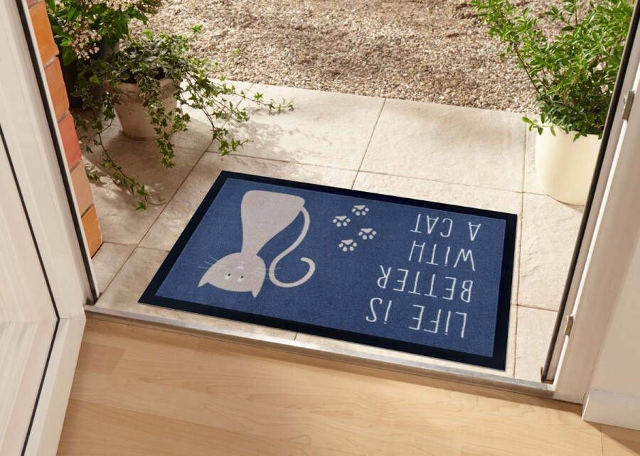 Tapeso Deurmat Life is better with a cat blauw beige 45x75 cm