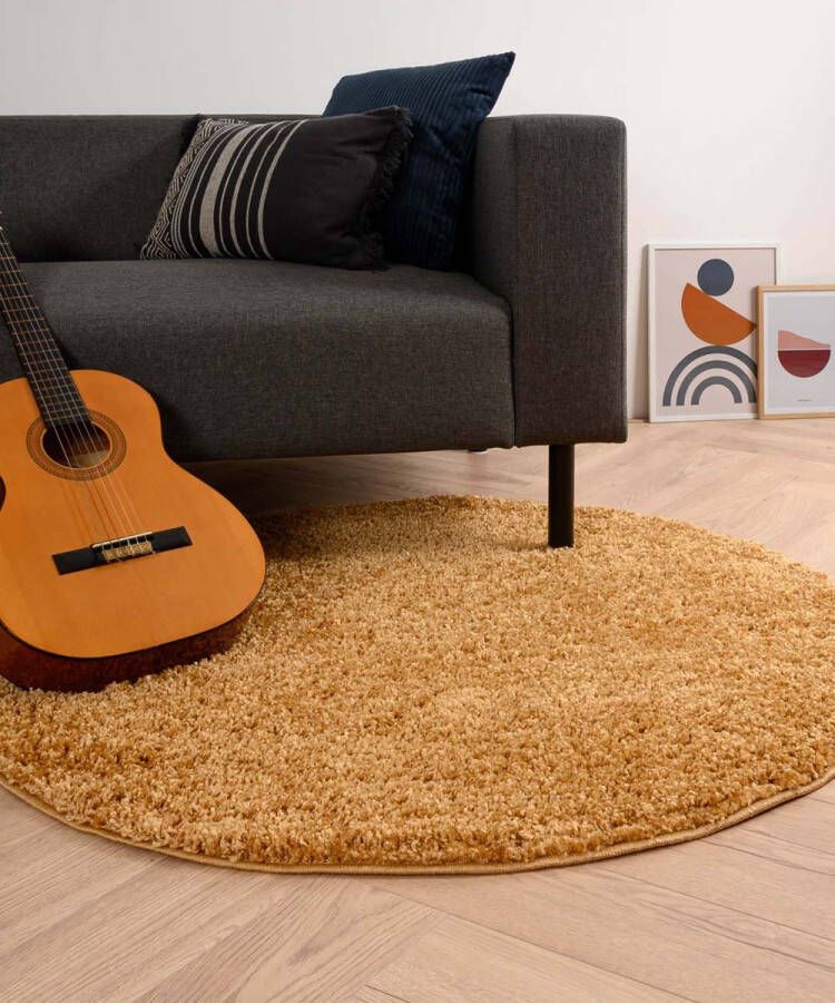 Tapeso Rond hoogpolig vloerkleed shaggy Trend effen goud 200 cm rond