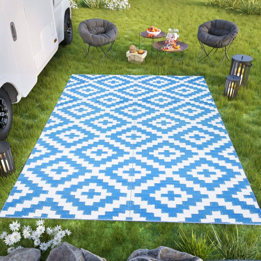 Tapiso Ibiza Buitenkleed Blauw Outdoor Buitenmat Picknick Kleed Maat- 120x180