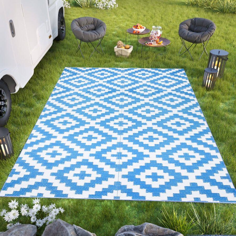 Tapiso Ibiza Buitenkleed Blauw Outdoor Buitenmat Picknick Kleed Maat- 120x180