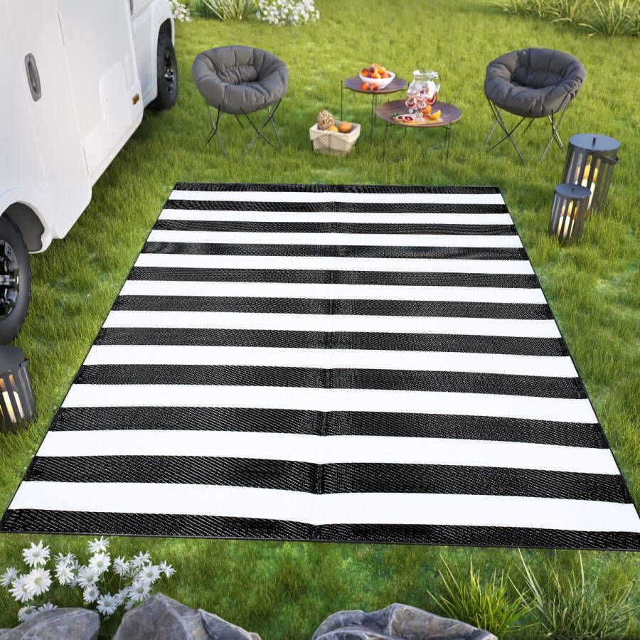 Tapiso Ibiza Buitenkleed Gestreept Zwart Wit Outdoor Buitenmat Picknick Maat- 150x240