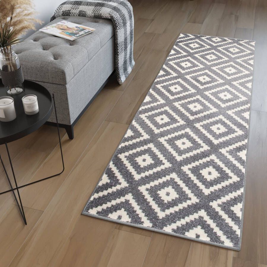 Tapiso Maroko Tapijt Loper Grijs Wit Modern Woonkamer Slaapkamer Hal Maat 60x200